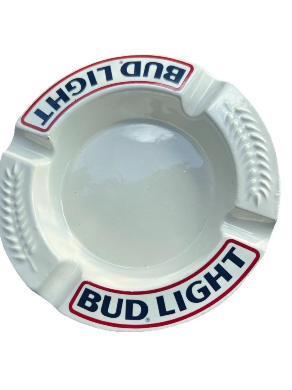 Vintage Bud Light Ceramic Ashtray - White with Blue & Red Logo